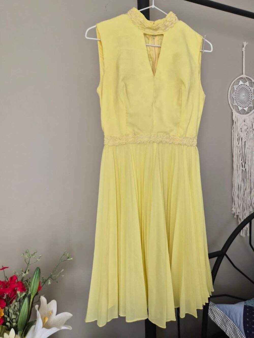 High-neck yellow chiffon A-line dress